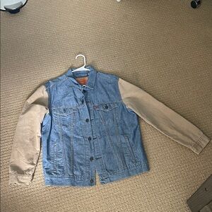 Blue Denim Jacket with Tan Sleeves